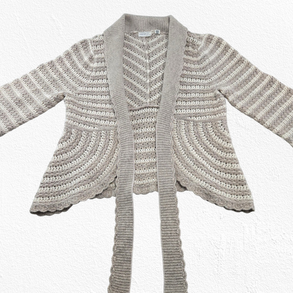 Sleeping on Snow Cream Taupe Striped Wool Blend Belted Cardigan Sweater Size XL - Picture 4 of 8